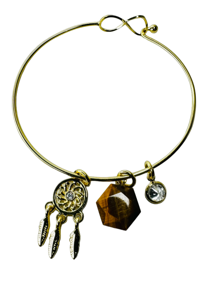 Natural Stone Trio Bracelet - Olho de Tigre (Tiger's Eye), Zirconia Ponto de Luz (Zirconia Point of Light) & Filtro dos Sonhos (Dreamcatcher) charm - Gold Plated