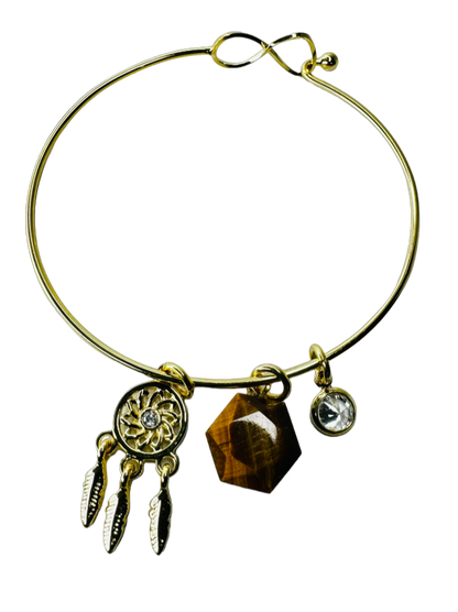 Natural Stone Trio Bracelet - Olho de Tigre (Tiger's Eye), Zirconia Ponto de Luz (Zirconia Point of Light) & Filtro dos Sonhos (Dreamcatcher) charm - Gold Plated