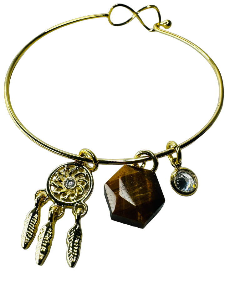 Natural Stone Trio Bracelet - Olho de Tigre (Tiger's Eye), Zirconia Ponto de Luz (Zirconia Point of Light) & Filtro dos Sonhos (Dreamcatcher) charm - Gold Plated