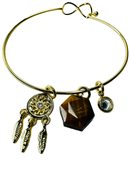 Natural Stone Trio Bracelet - Olho de Tigre (Tiger's Eye), Zirconia Ponto de Luz (Zirconia Point of Light) & Filtro dos Sonhos (Dreamcatcher) charm - Gold Plated