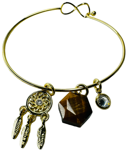 Natural Stone Trio Bracelet - Olho de Tigre (Tiger's Eye), Zirconia Ponto de Luz (Zirconia Point of Light) & Filtro dos Sonhos (Dreamcatcher) charm - Gold Plated