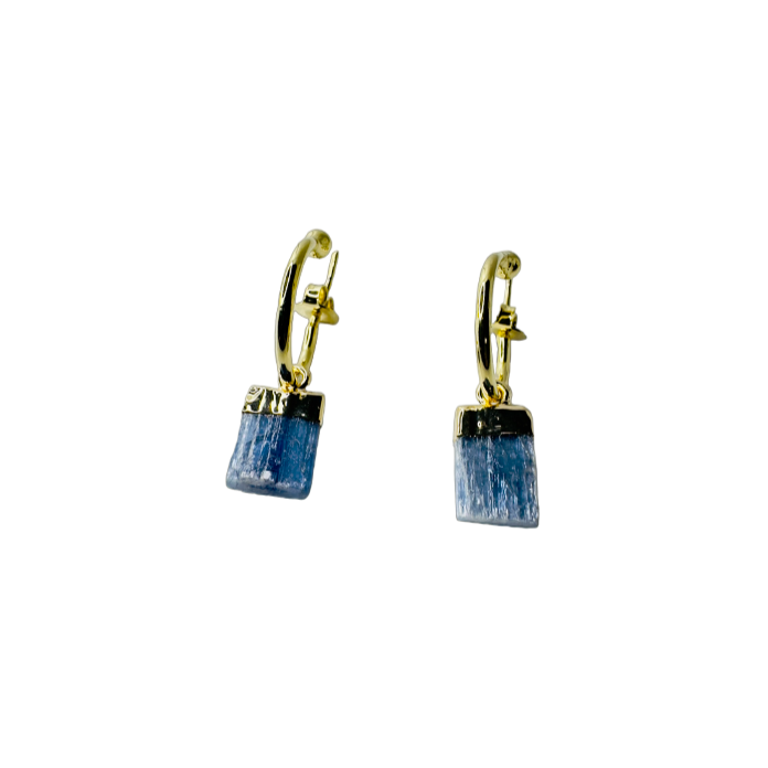 Natural Stone Cianita Azul (Blue Kyanite) Hoop Earring - Gold Plated