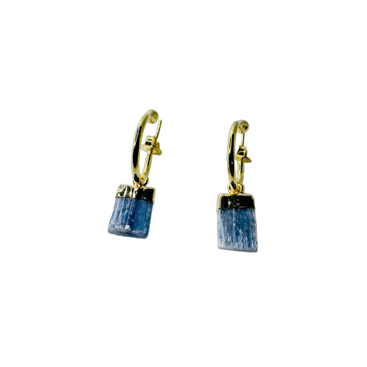 Natural Stone Cianita Azul (Blue Kyanite) Hoop Earring - Gold Plated