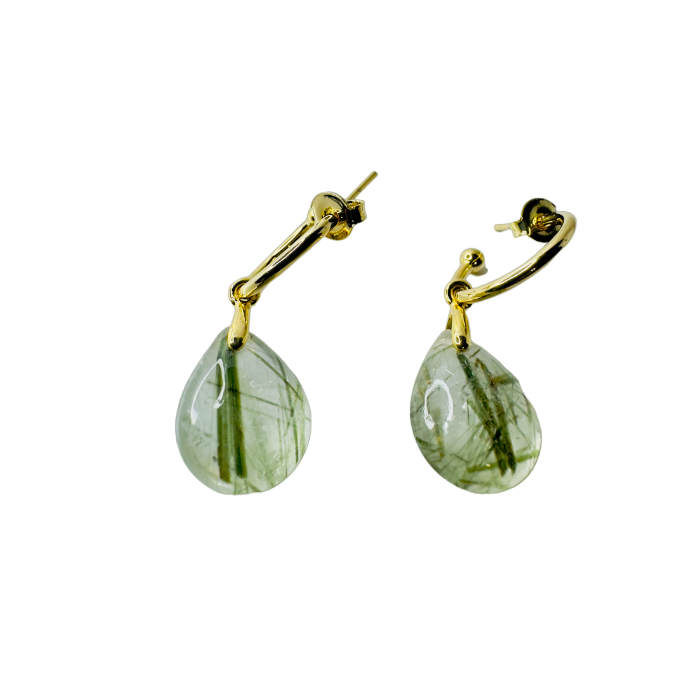 Natural Stone Cristal Epidoto (Epidote Quartz) Hoop Earring - Gold Plated