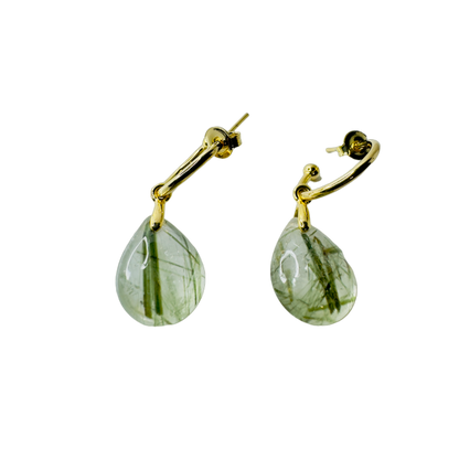 Natural Stone Cristal Epidoto (Epidote Quartz) Hoop Earring - Gold Plated