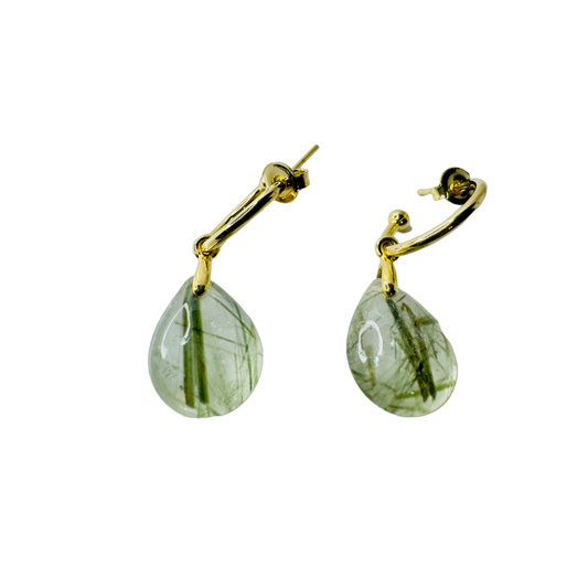 Natural Stone Cristal Epidoto (Epidote Quartz) Hoop Earring - Gold Plated