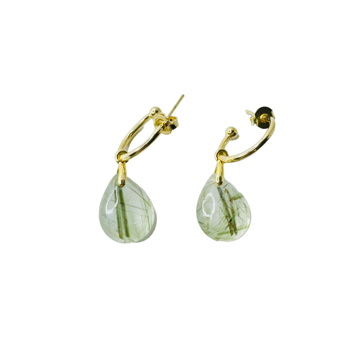 Natural Stone Cristal Epidoto (Epidote Quartz) Hoop Earring - Gold Plated