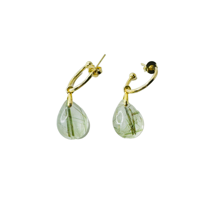 Natural Stone Cristal Epidoto (Epidote Quartz) Hoop Earring - Gold Plated