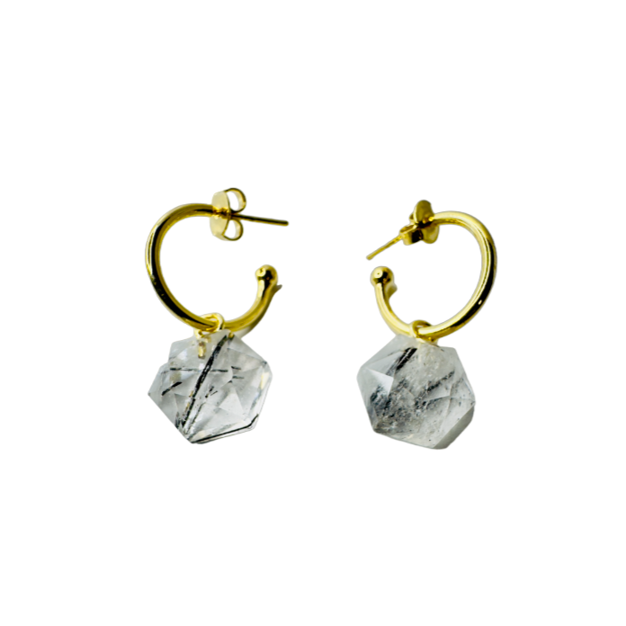 Natural Stone Cristal Grafitado/Turmalinado (Graphite/Tourmalinated Quartz) Hoop Earring - Gold Plated