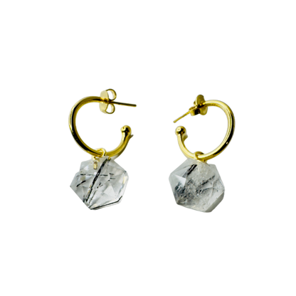 Natural Stone Cristal Grafitado/Turmalinado (Graphite/Tourmalinated Quartz) Hoop Earring - Gold Plated