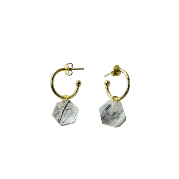 Natural Stone Cristal Grafitado/Turmalinado (Graphite/Tourmalinated Quartz) Hoop Earring - Gold Plated