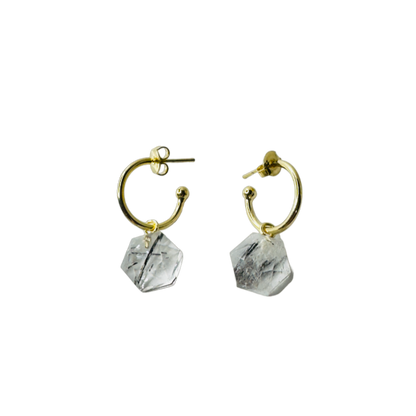 Natural Stone Cristal Grafitado/Turmalinado (Graphite/Tourmalinated Quartz) Hoop Earring - Gold Plated