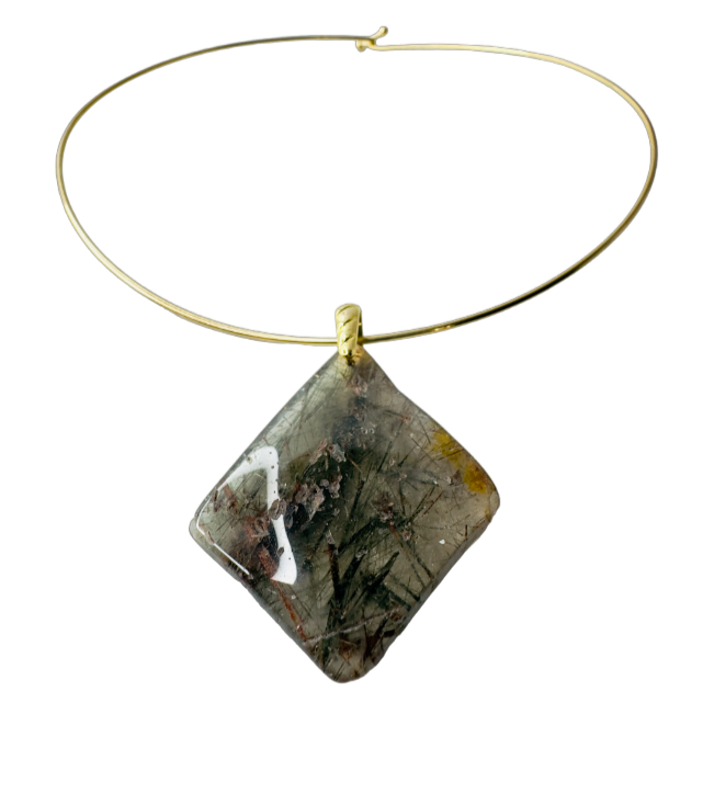 Cristal Turmalinado / Grafitado (Tourmalinated Quartz) - Gold Plated Thin Hoop Necklace