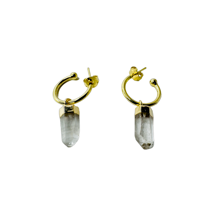 Natural Stone Cristal de Rocha (Rock Crystal) Hoop Earring - Gold Plated