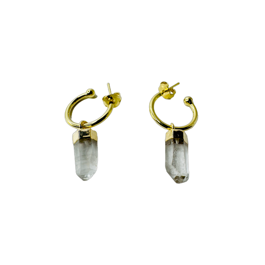 Natural Stone Cristal de Rocha (Rock Crystal) Hoop Earring - Gold Plated