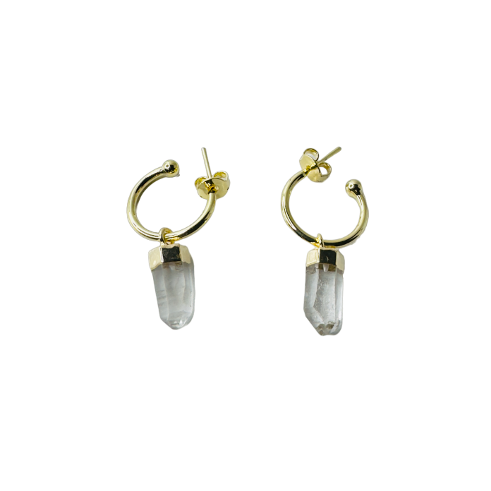 Natural Stone Cristal de Rocha (Rock Crystal) Hoop Earring - Gold Plated