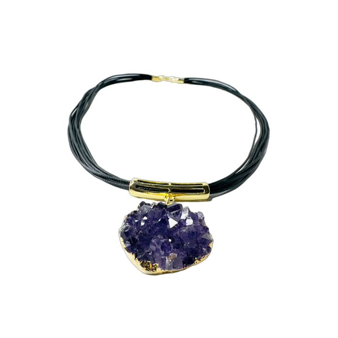 Drusa Ametista Orgânica (Organic Amethyst Druzy) Leather Necklace