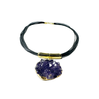 Drusa Ametista Orgânica (Organic Amethyst Druzy) Leather Necklace