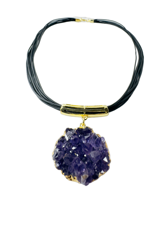 Drusa Ametista Orgânica (Organic Amethyst Druzy) Leather Necklace