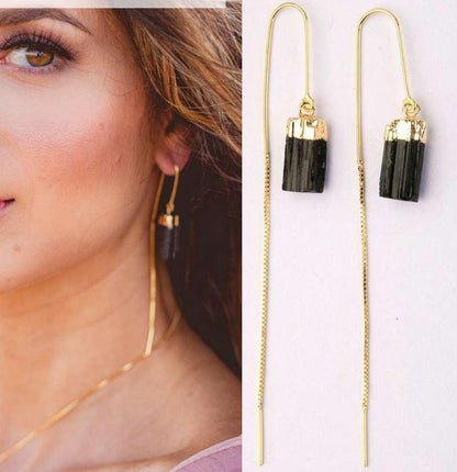 Natural Stone Turmalina Negra (Black Tourmaline) Hook Earring - Gold Plated