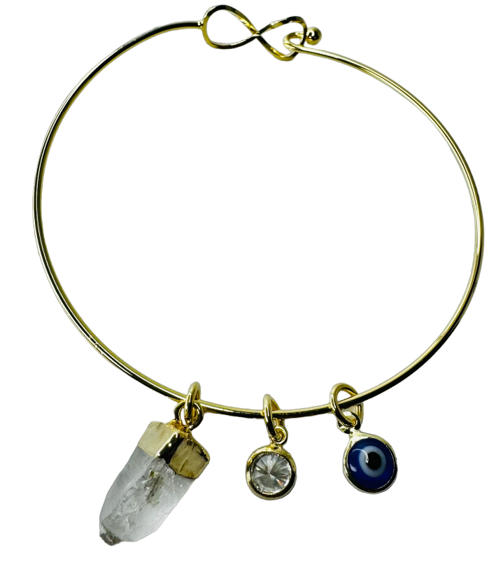 Natural Stone Trio Bracelet - Cristal De Rocha (Rock Crystal), Zirconia Ponto de Luz (Zirconia Point of Light) & Olho Grego (Evil Eye) charm - Gold Plated