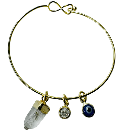 Natural Stone Trio Bracelet - Cristal De Rocha (Rock Crystal), Zirconia Ponto de Luz (Zirconia Point of Light) & Olho Grego (Evil Eye) charm - Gold Plated