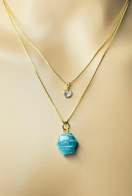 Gold Plated Point of Light Double String Necklace with Amazonita (Amazonite) and Zirconia