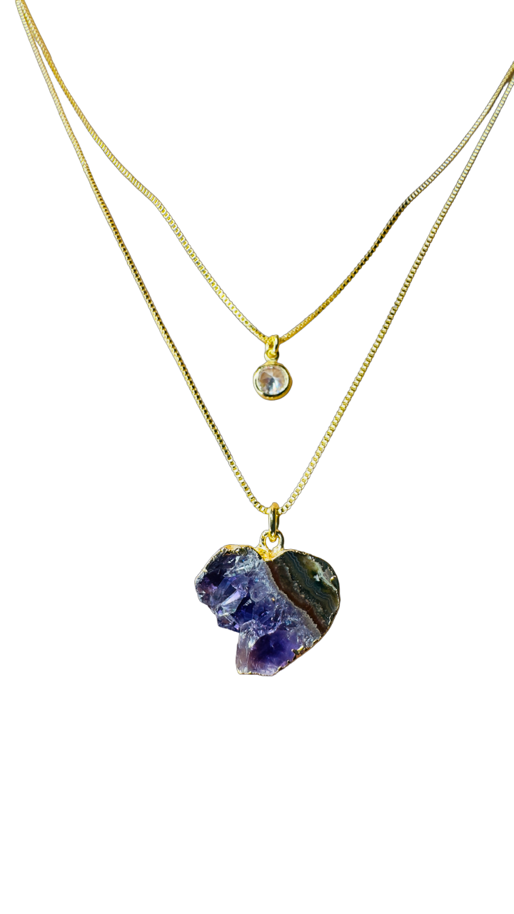 Gold Plated Point of Light Double String Necklace with Drusa de Ametista (Amethyst Druzy) and Zirconia