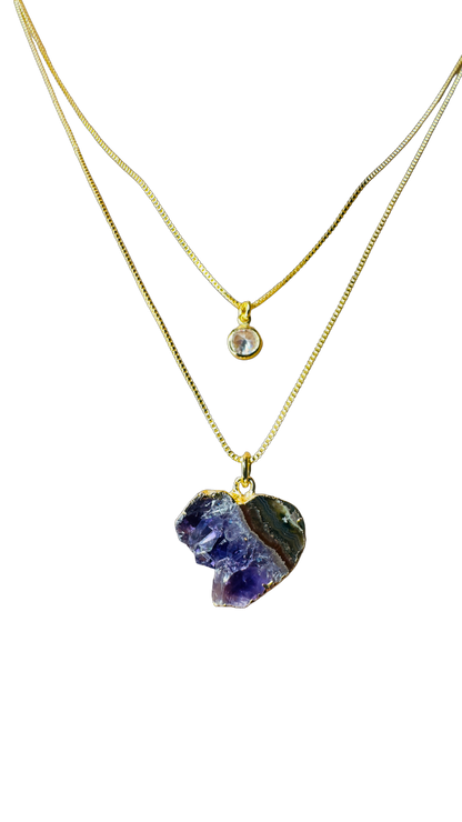 Gold Plated Point of Light Double String Necklace with Drusa de Ametista (Amethyst Druzy) and Zirconia