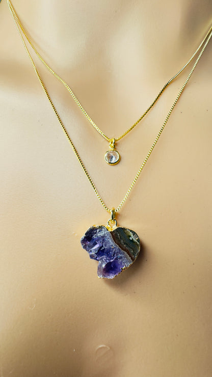 Gold Plated Point of Light Double String Necklace with Drusa de Ametista (Amethyst Druzy) and Zirconia