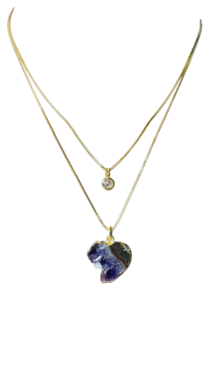 Gold Plated Point of Light Double String Necklace with Drusa de Ametista (Amethyst Druzy) and Zirconia