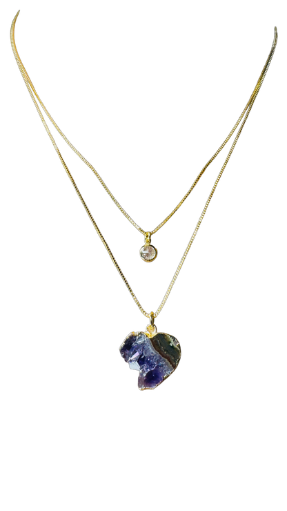 Gold Plated Point of Light Double String Necklace with Drusa de Ametista (Amethyst Druzy) and Zirconia