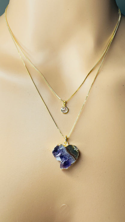 Gold Plated Point of Light Double String Necklace with Drusa de Ametista (Amethyst Druzy) and Zirconia