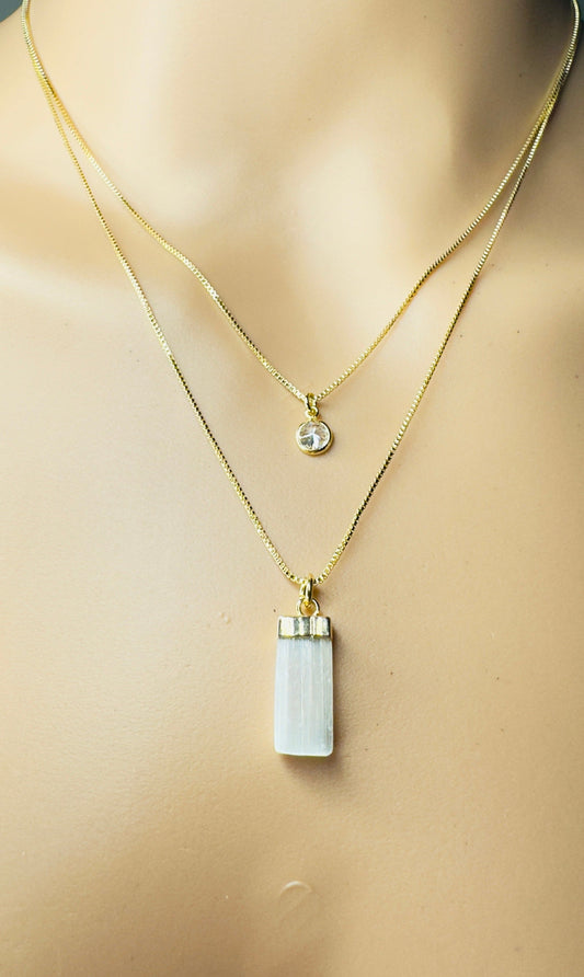 Gold Plated Point of Light Double String Necklace with Selenita Branca (White Selenite) and Zirconia