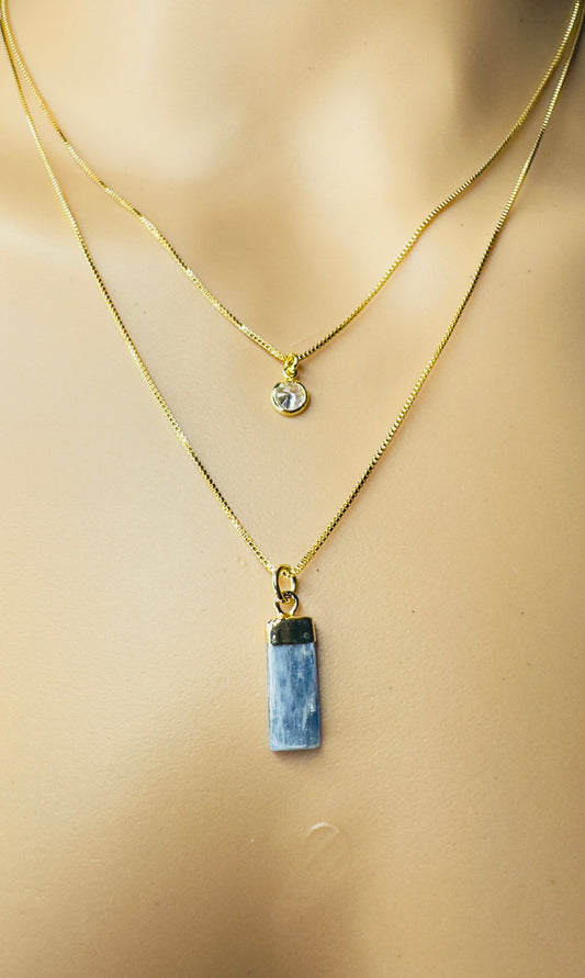 Gold Plated Point of Light Double String Necklace with Cianita Azul (Blue Kyanite) and Zirconia