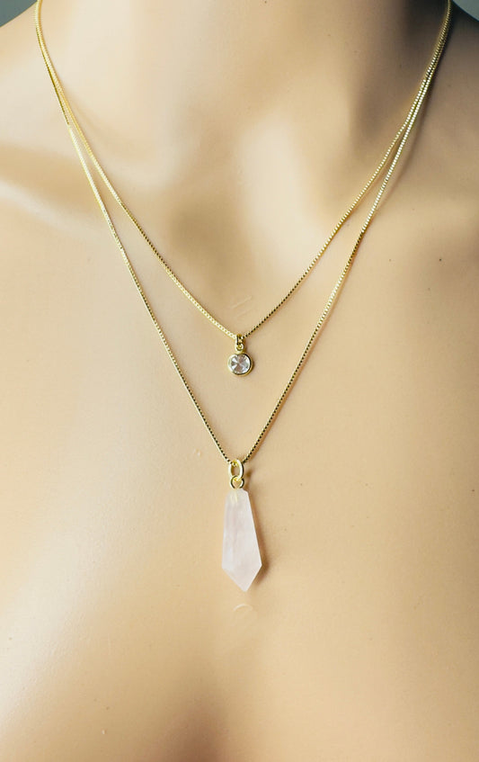 Gold Plated Point of Light Double String Necklace with Quartzo Rosa (Rose Quartz) and Zirconia