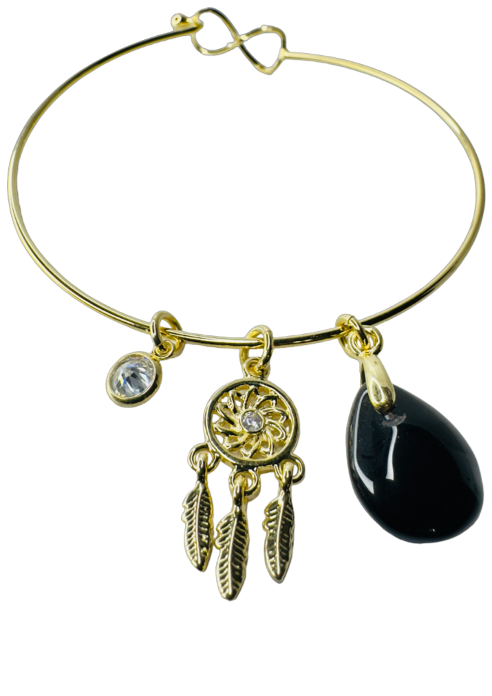 Natural Stone Trio Bracelet - Obsidiana Negra (Black Obsidian), Ponto de Luz Zirconia (Zirconia Point of Light) & Filtro dos Sonhos (Dreamcatcher) charm - Gold Plated