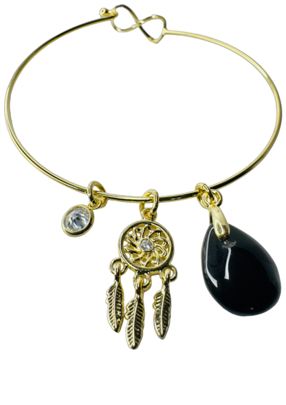 Natural Stone Trio Bracelet - Obsidiana Negra (Black Obsidian), Ponto de Luz Zirconia (Zirconia Point of Light) & Filtro dos Sonhos (Dreamcatcher) charm - Gold Plated