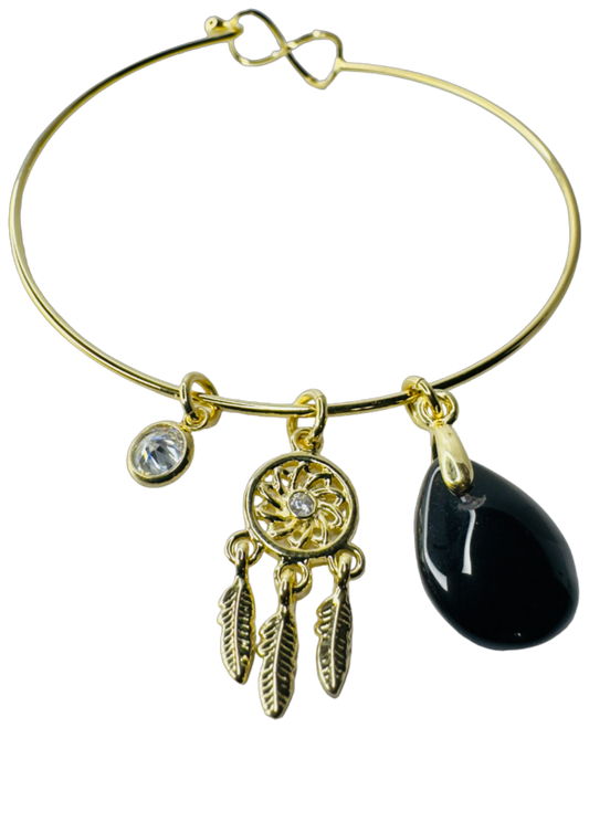 Natural Stone Trio Bracelet - Obsidiana Negra (Black Obsidian), Ponto de Luz Zirconia (Zirconia Point of Light) & Filtro dos Sonhos (Dreamcatcher) charm - Gold Plated