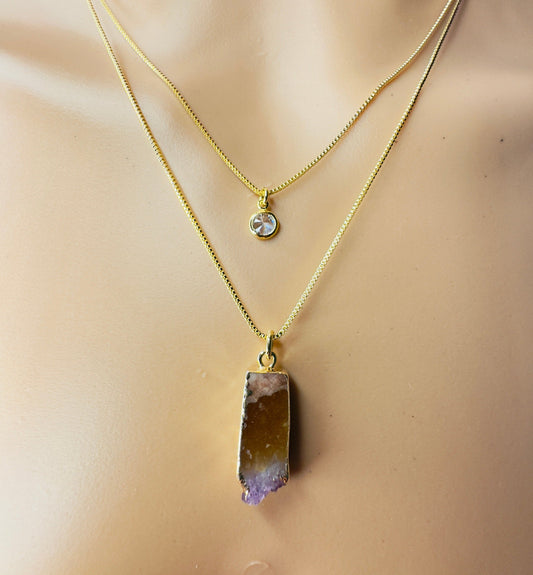 Gold Plated Point of Light Double String Necklace with Drusa de Ametista (Amethyst Druzy) and Zirconia