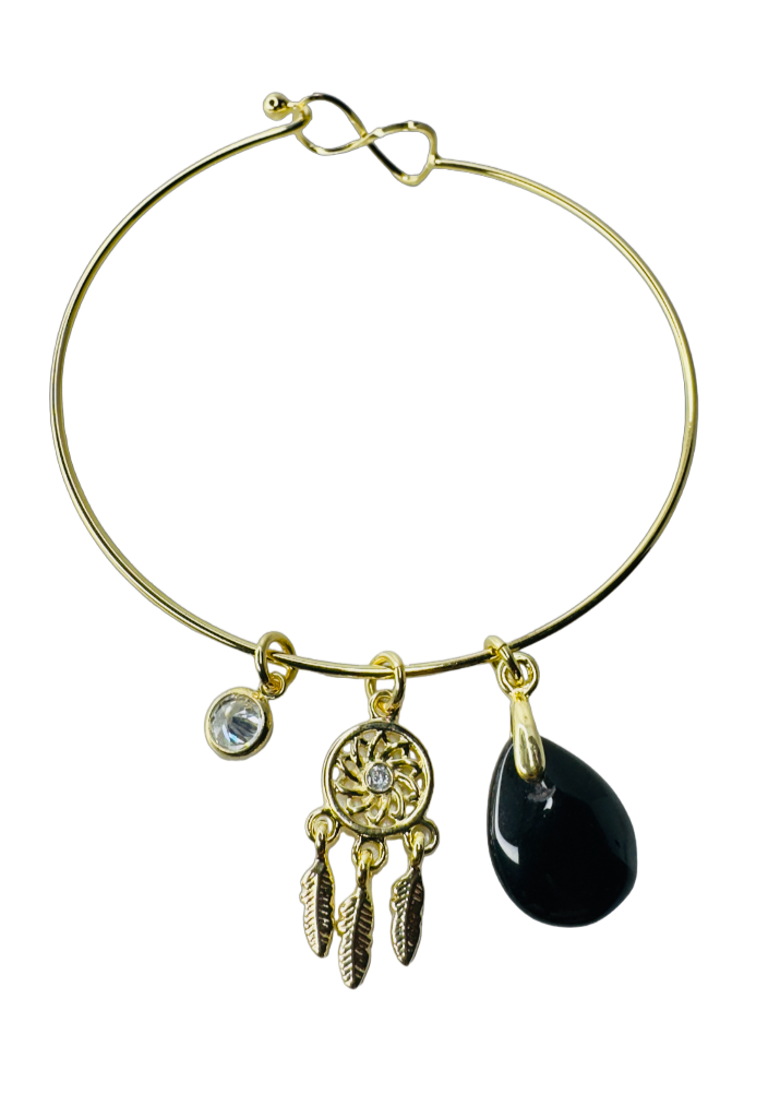 Natural Stone Trio Bracelet - Obsidiana Negra (Black Obsidian), Ponto de Luz Zirconia (Zirconia Point of Light) & Filtro dos Sonhos (Dreamcatcher) charm - Gold Plated