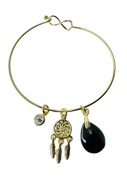 Natural Stone Trio Bracelet - Obsidiana Negra (Black Obsidian), Ponto de Luz Zirconia (Zirconia Point of Light) & Filtro dos Sonhos (Dreamcatcher) charm - Gold Plated