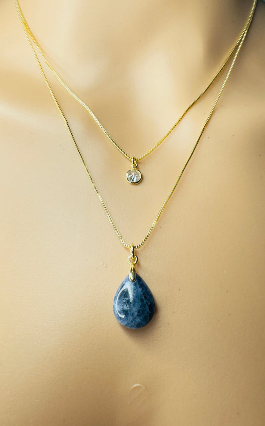 Gold Plated Point of Light Double String Necklace with Sodalita (Sodalite) and Zirconia