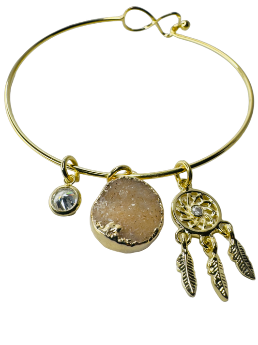 Natural Stone Trio Bracelet - Drusa de Ágata (Goddess Agate), Ponto de Luz Zirconia (Zirconia Point of Light) & Filtro dos Sonhos (Dreamcatcher) charm - Gold Plated