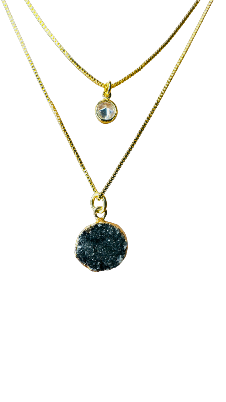 Gold Plated Point of Light Double String Necklace with Drusa de Ágata (Agate Druzy) and Zirconia