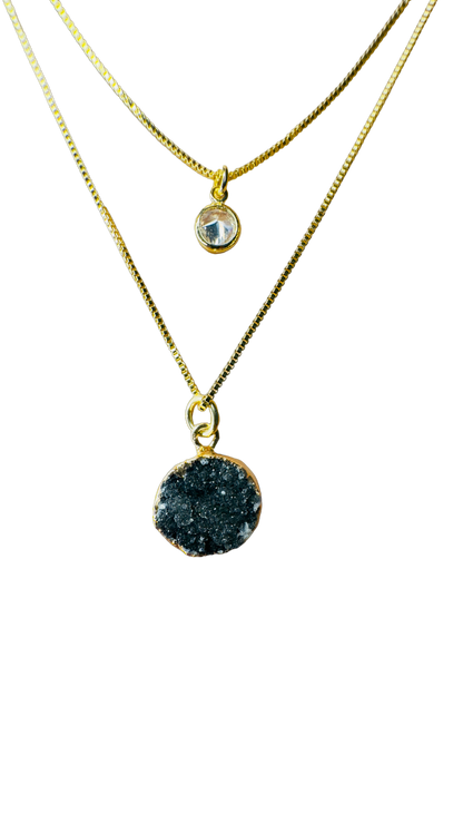 Gold Plated Point of Light Double String Necklace with Drusa de Ágata (Agate Druzy) and Zirconia