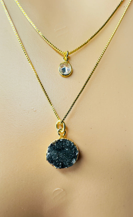 Gold Plated Point of Light Double String Necklace with Drusa de Ágata (Agate Druzy) and Zirconia