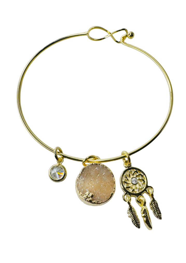 Natural Stone Trio Bracelet - Drusa de Ágata (Goddess Agate), Ponto de Luz Zirconia (Zirconia Point of Light) & Filtro dos Sonhos (Dreamcatcher) charm - Gold Plated