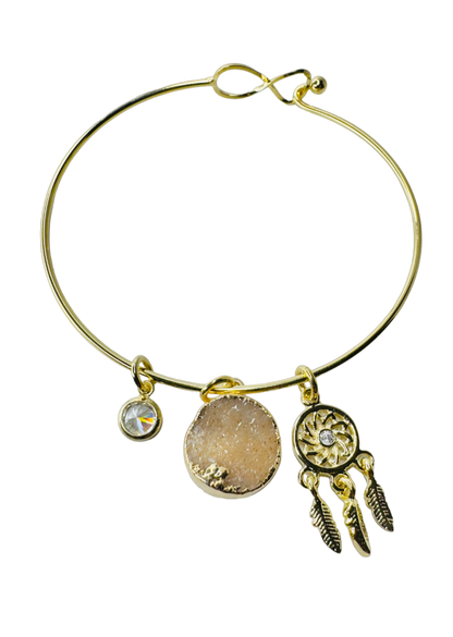 Natural Stone Trio Bracelet - Drusa de Ágata (Goddess Agate), Ponto de Luz Zirconia (Zirconia Point of Light) & Filtro dos Sonhos (Dreamcatcher) charm - Gold Plated