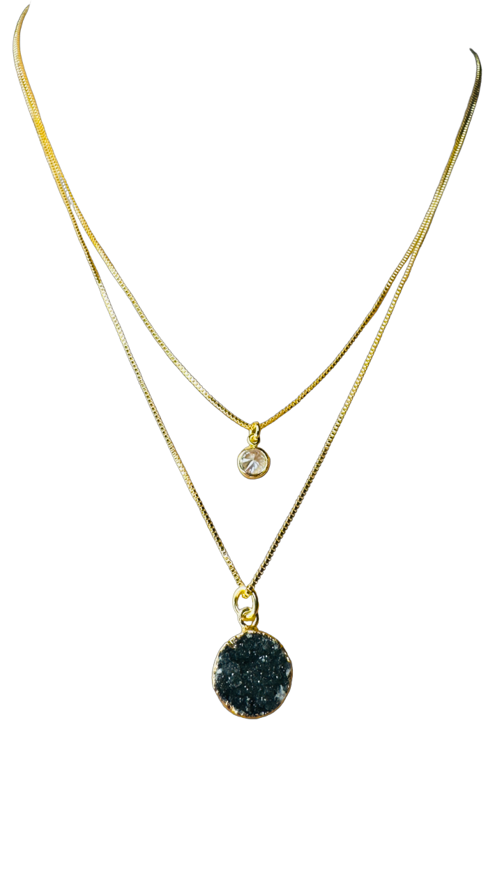 Gold Plated Point of Light Double String Necklace with Drusa de Ágata (Agate Druzy) and Zirconia